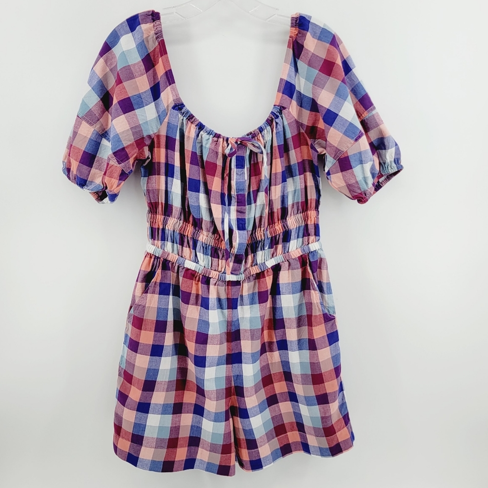 Anthro Kopal Brea Plaid Puff Sleeve Romper Cotton Cottagecore S - Picture 2 of 8